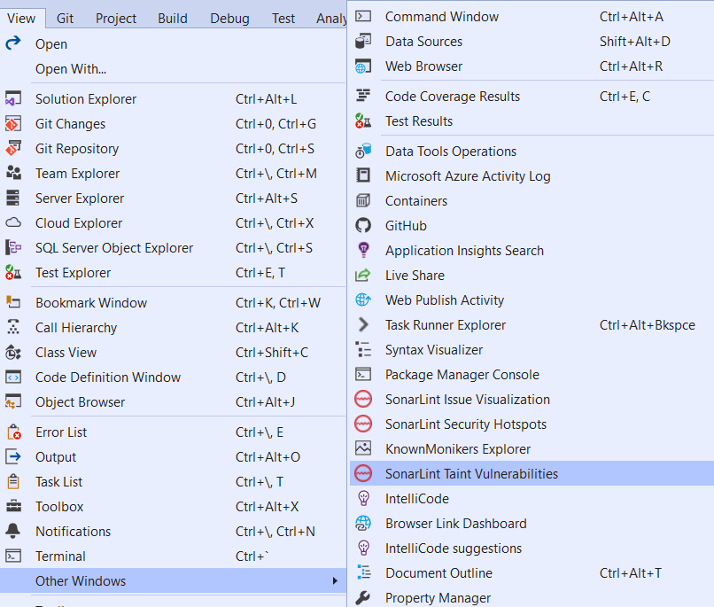 Taint vulnerabilities tool window command